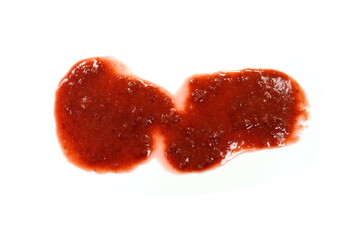 Smoothie puddle isolated on white. Banana and cherry milkshake.