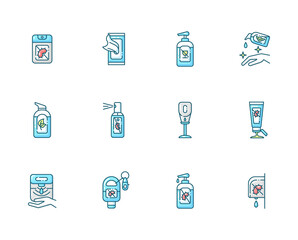 Sanitizer types blue RGB color icons set. Disinfectant spray. Antibacterial pocket gel. Automatic wall dispenser for liquid soap. Healthcare product for virus protection. Isolated vector illustrations