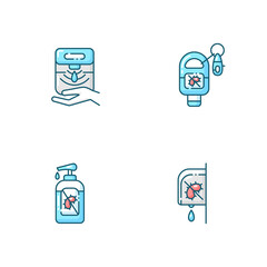 Hygienic hand sanitizers blue RGB color icons set. Automatic dispenser for antibacterial liquid soap. Disinfectant foam on keychain for personal hygiene. Pump tube. Isolated vector illustrations