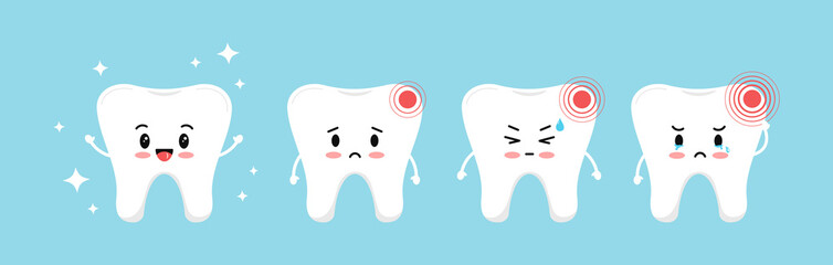 Tooth pain stages icon set. Cute sick teeth on different stages of toothache development. Flat cartoon emoji character with hurt vector illustration. Kids dental hygiene and treatment concept.