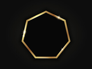 Heptagonal golden sparkling frame isolated on a black background.