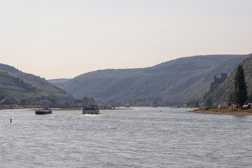 Fototapeta premium Barges on the Rhine near Trechtingshausen