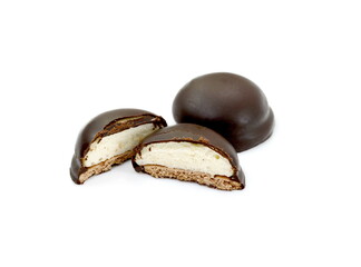 Marshmallow chocolate and half isolated on white background.