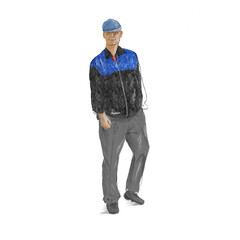 hand drawing illustration of a man in trousers, jacket and cap