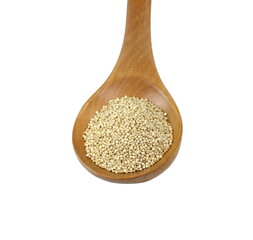 Organic Quinoa (Chenopodium quinoa) seeds in a wooden spoon isolated. quinoa seeds isolated on white background.