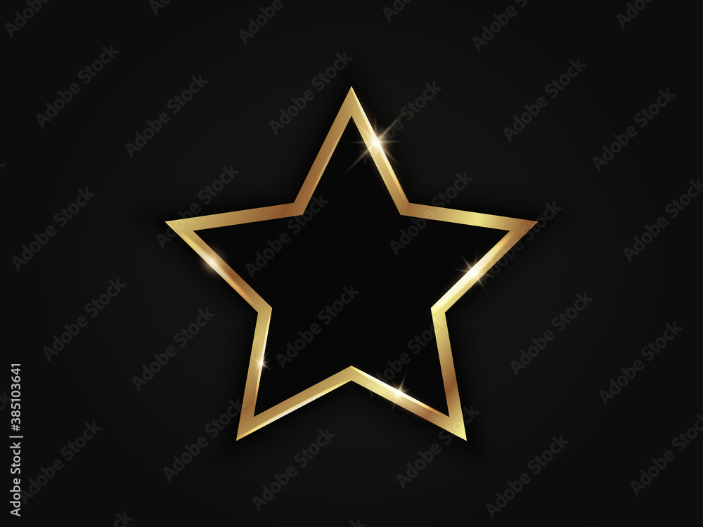 Sticker star golden sparkling frame isolated on black background.