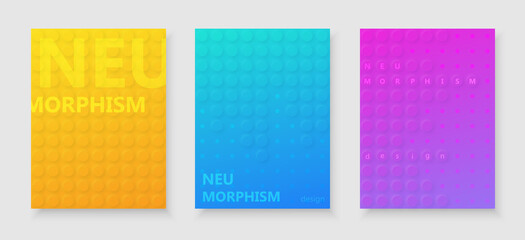 Neomorphism banners, posters in yellow, blue, purple colours. Vector illustration.
