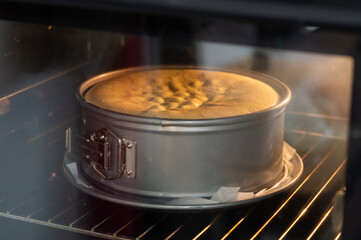 a cake bakes in a round springform pan in a lighted oven in an apartment