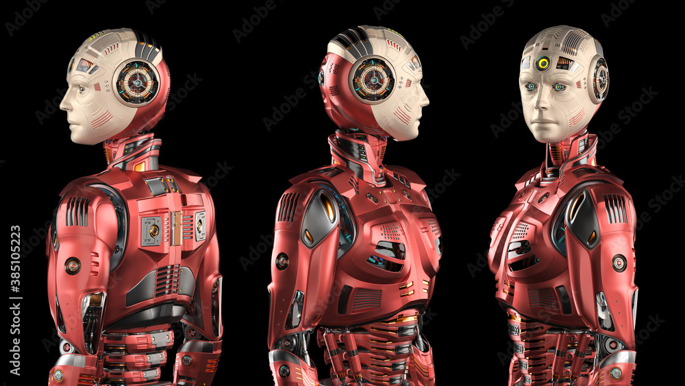 Poster 3d render of a very detailed futuristic robot or humanoid cyborg. set of three different angles of t
