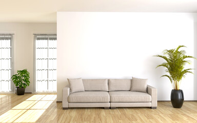Modern living room interior with white wall. 3d render