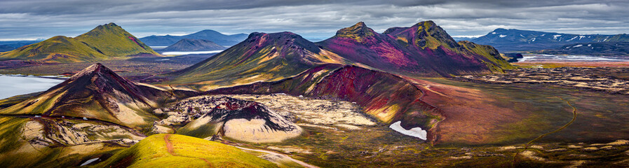 Panoramic unreal magic Icelandic landscape of colorful rainbow volcanic Landmannalaugar mountains,...