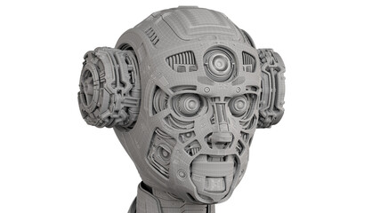 3d render of a very detailed futuristic robot or humanoid cyborg head. Wireframe shape in polygons. Isolated on white background