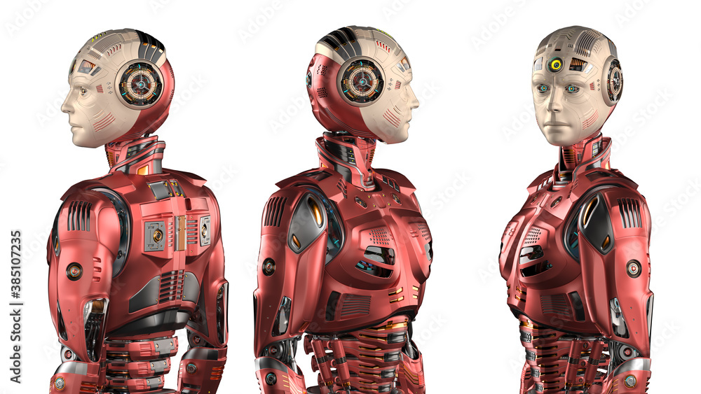 Poster 3d render of a very detailed futuristic robot or humanoid cyborg. set of three different angles of t