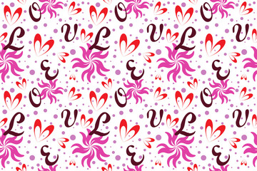 Floral seamless pattern. Cute fashion bright illustration with hearts, pink flowers, letters on white background.