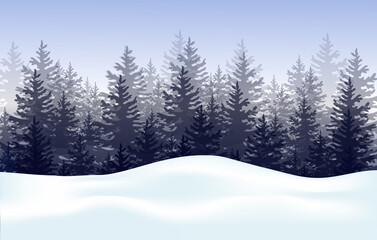 Winter landscape with fir-trees and snow. Horizontal banner. Winter background. Vector.