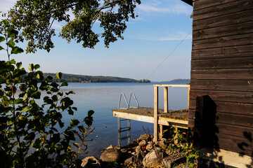 Descent for swimming near the Finnish sauna on the picturesque lakeside