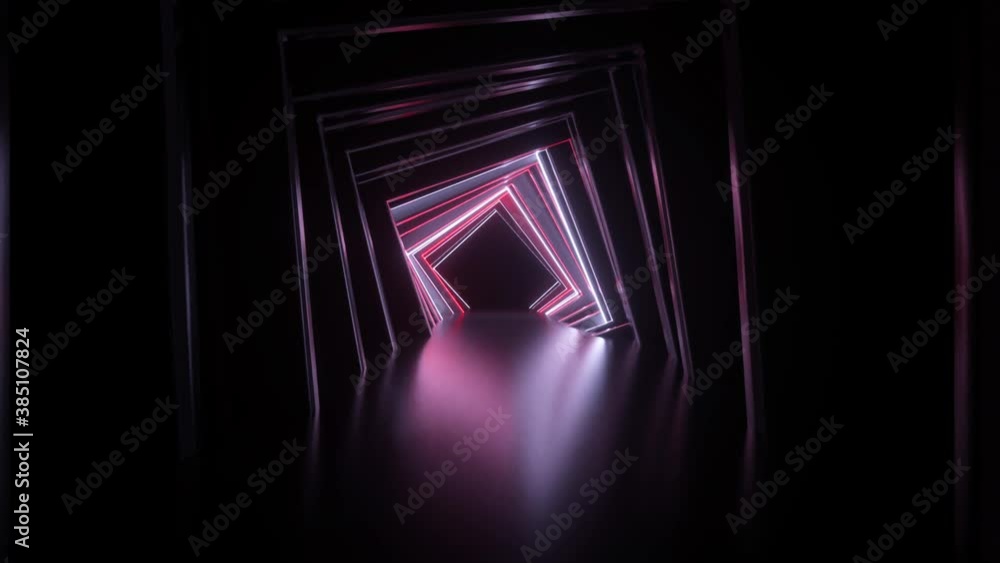 Poster abstract neon square tunnel technological. endless swirling animated background. modern neon light. 
