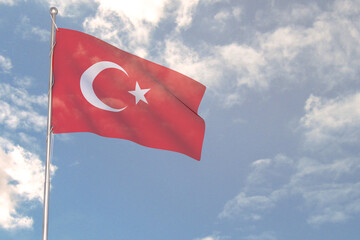 3d rendering of National Flag concept. Flag of Turkey waving in wind. Blue cloudy sky on background. 