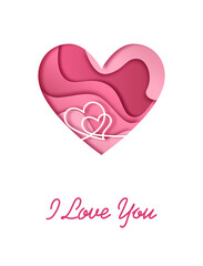 Happy Valentine's day. Vector greeting card and poster design with the image of a three-dimensional multi-layered pink heart and the word 