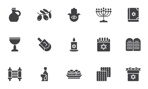 Hanukkah,Jewish holiday vector icons set, modern solid symbol collection, filled style pictogram pack. Signs, logo illustration. Set includes icons as hanukkah dessert doughnut, menorah, dreidel,torah