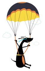 Cartoon dog a skydiver illustration. Comic dog skydiver derives enjoyment from jumping isolated on white
