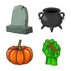 Halloween icon set. Spooky vectors collection for october holiday. Creepy cartoon set for party invitation. Design with pumpkin, empty witch cauldron, tombstone and zombie hand. Vector eps10 isolated.