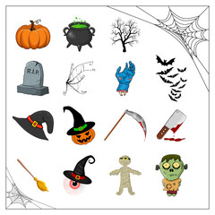 Fototapeta premium Halloween vector collection of spooky illustration isolated on white. Cartoon symbols for creepy holiday celebration. October scary icons for party invitation. Set of Cliparts in eps10 format.