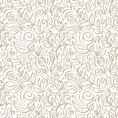 Vector floral seamless pattern. Flower and leaves theme. Summer collection. Can be used for wallpaper, website background, textile printing. Hand drawn endless illustration of flowers on light