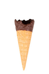 Single chocolate-dipped wafer ice cream cone, isolated on white for easy cutouts