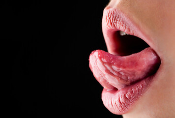 Beautiful red lip, lipstick and lipgloss. Sexy lips, tongue out. Portrait woman lip. Tongue and...