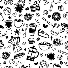 Vector seamless pattern with different coffee and dessert elements. Cute hand drawn design for wrapping paper, wallpaper, textile