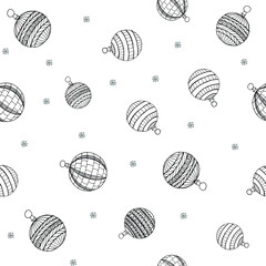 Christmas seamless pattern coloring round shape toys with patterns. Festive black and white vector drawing. Suitable for holiday decoration, Christmas design, paper, printing, wallpaper, textiles.