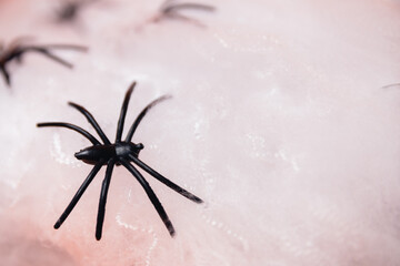 Halloween, decoration, and the concept of terror - black toy spiders on the artificial spider's web