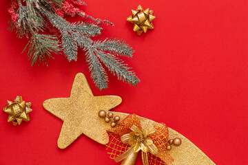 Red Christmas background with Christmas decoration, space to write your text