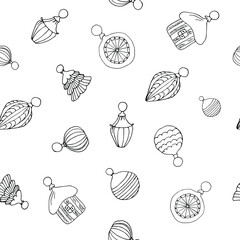 Christmas seamless pattern coloring different shape toys with patterns. Festive black and white vector drawing. Suitable for holiday decoration, Christmas design, paper, printing, wallpaper, textiles.