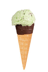 Mint choc chip ice cream on a chocolate-dipped cone