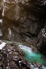 Snow-covered icicles at Partnachklamm, famous tourist destination. Partnachklamm in Garmisch-Partenkirchen, Bavaria