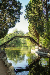 Vertical view of a metal bridge over a lake with trees, in El Capricho park, Madrid, Spain