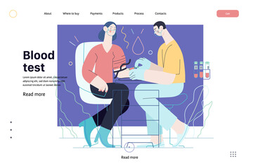 Medical tests illustration - blood test - modern flat vector concept digital illustration of blood test procedure - a patient and doctor with a syringe and test tubes, the medical office or laboratory