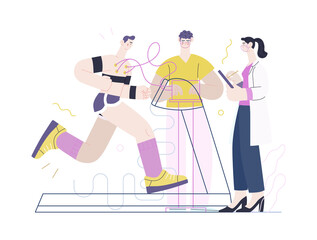 Medical tests template - cardiac stress test -modern flat vector concept digital illustration of stress test procedure -patient with sensors on treadmill and doctors carrying out procedure, laboratory