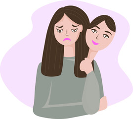 A woman hides her negative emotions under a mask. Sadness, sadness and pain hide with a smile on her face. The concept of psychological problems, closed feelings and social restrictions. vector