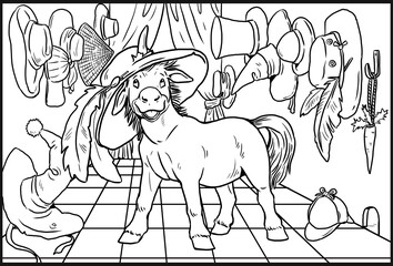 Funny unicorn by shopping for coloring. Coloring page for kids and horse lovers.	