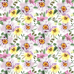 seamless pattern with bright large watercolor flowers on a white background	
