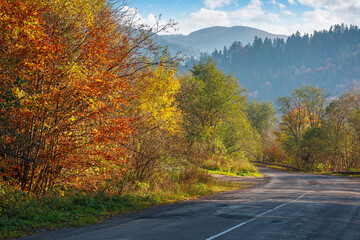 Fototapeta premium old asphalt road in mountains. beautiful autumn scenery on a sunny day. trees in colorful foliage. countryside journey on a weekend concept