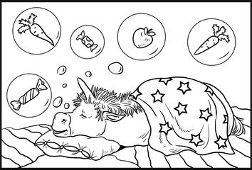 Funny unicorn has sweet dreams. Coloring page for kids and horse lovers.	