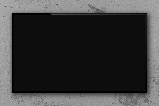 Empty black tv screen on concrete wall, 3D rendering