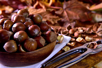 Hazelnuts in a wooden bowl