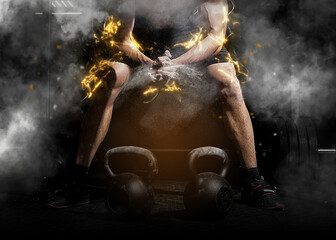 Weightlifter clapping hands and preparing for workout at a gym. Lightning effect