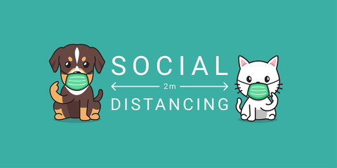 Covid-19 protection concept cartoon cat and dog wearing protective face mask social distancing for design.