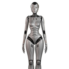 3d render of a very detailed female robot or futuristic cyber girl, front view of the upper body, isolated on white background